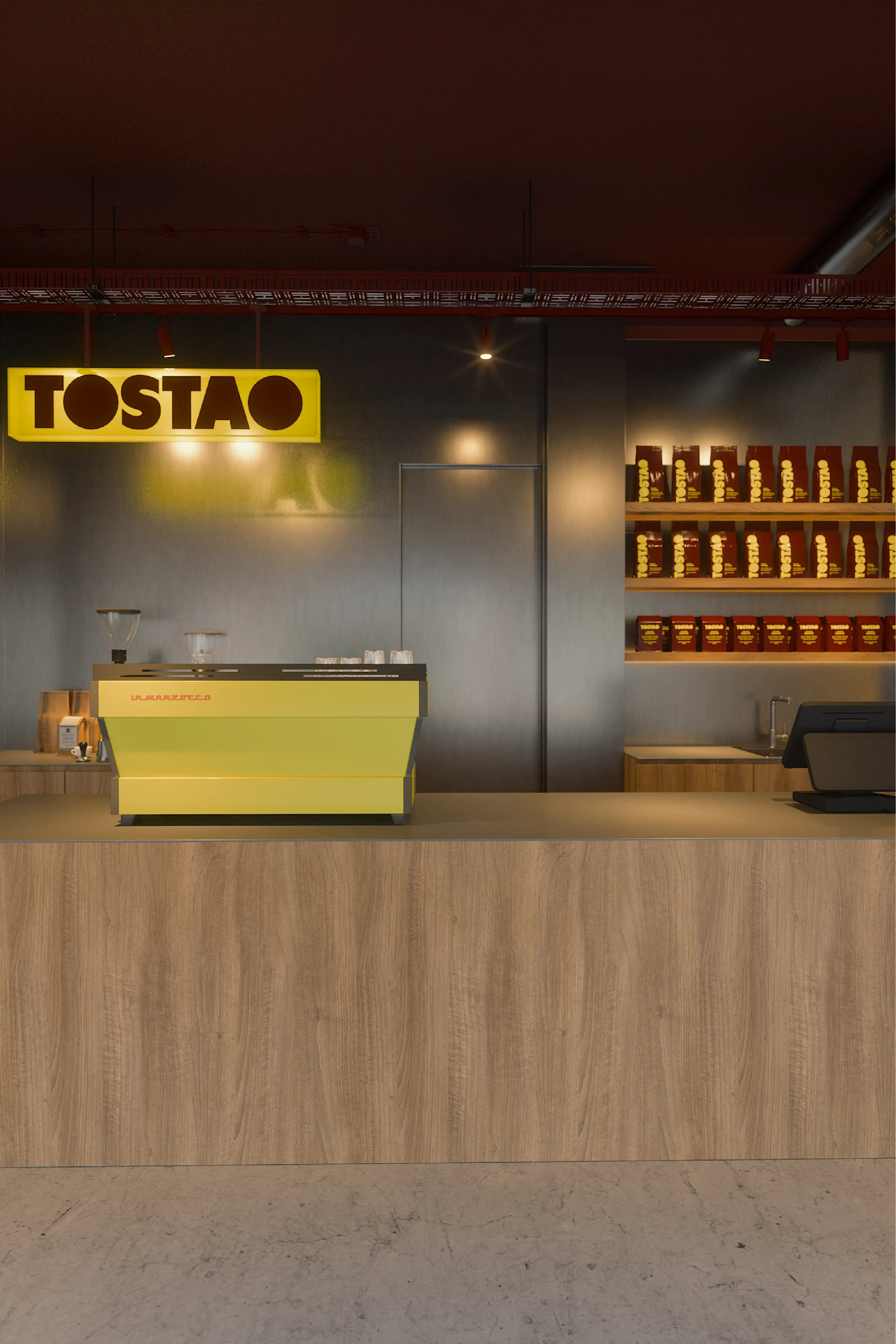 Estanterías con paquetes de café Tostao